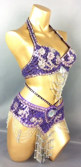 Hot Selling Women Beaded Sequins Belly Dancing Suite Belt+Bra Samba Costumes Club USA Bra Size 34B,36B,38B,40B,34D,36D,38D,40D