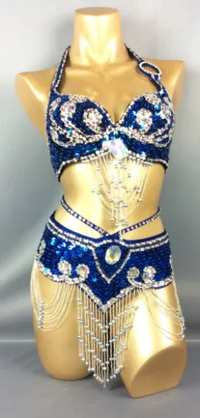 Hot Selling Women Beaded Sequins Belly Dancing Suite Belt+Bra Samba Costumes Club USA Bra Size 34B,36B,38B,40B,34D,36D,38D,40D