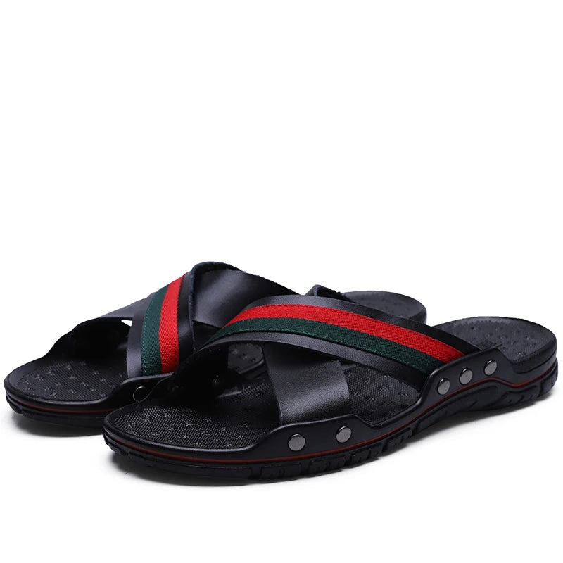 FUQIAO New Genuine Leather Men Slippers Beach Shoes Comfortable Men Summer Flat Heels Male Slides Luxury Plus Size 38-48