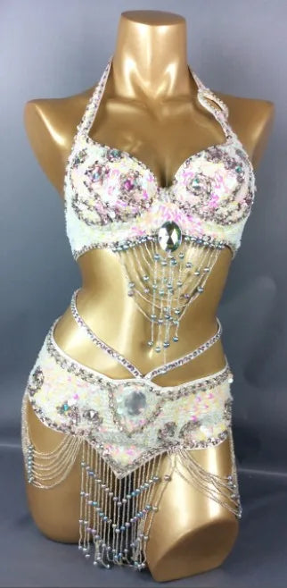 Hot Selling Women Beaded Sequins Belly Dancing Suite Belt+Bra Samba Costumes Club USA Bra Size 34B,36B,38B,40B,34D,36D,38D,40D