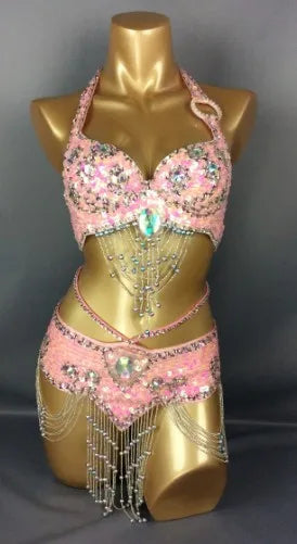 Hot Selling Women Beaded Sequins Belly Dancing Suite Belt+Bra Samba Costumes Club USA Bra Size 34B,36B,38B,40B,34D,36D,38D,40D