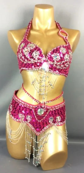 Hot Selling Women Beaded Sequins Belly Dancing Suite Belt+Bra Samba Costumes Club USA Bra Size 34B,36B,38B,40B,34D,36D,38D,40D
