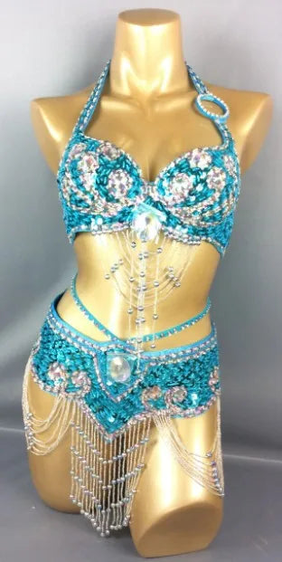 Hot Selling Women Beaded Sequins Belly Dancing Suite Belt+Bra Samba Costumes Club USA Bra Size 34B,36B,38B,40B,34D,36D,38D,40D