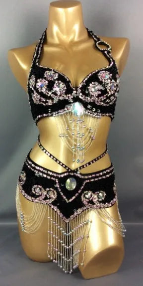 Hot Selling Women Beaded Sequins Belly Dancing Suite Belt+Bra Samba Costumes Club USA Bra Size 34B,36B,38B,40B,34D,36D,38D,40D