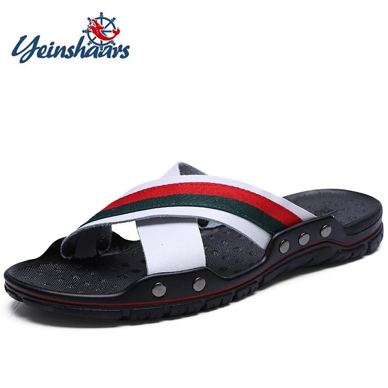 FUQIAO New Genuine Leather Men Slippers Beach Shoes Comfortable Men Summer Flat Heels Male Slides Luxury Plus Size 38-48