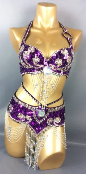 Hot Selling Women Beaded Sequins Belly Dancing Suite Belt+Bra Samba Costumes Club USA Bra Size 34B,36B,38B,40B,34D,36D,38D,40D