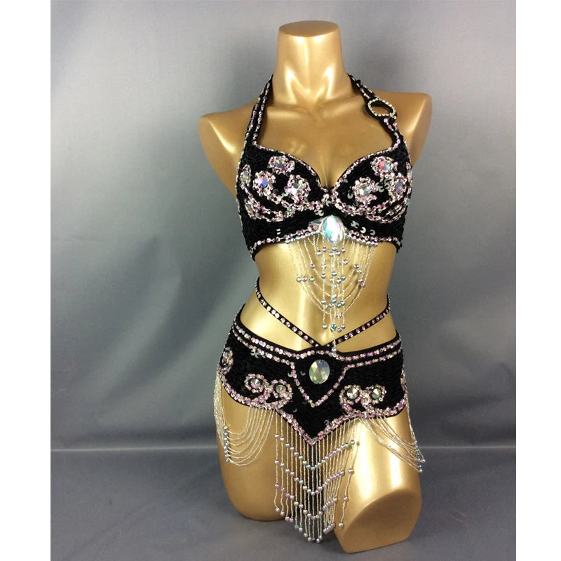 Hot Selling Women Beaded Sequins Belly Dancing Suite Belt+Bra Samba Costumes Club USA Bra Size 34B,36B,38B,40B,34D,36D,38D,40D