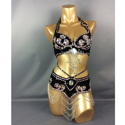 Hot Selling Women Beaded Sequins Belly Dancing Suite Belt+Bra Samba Costumes Club USA Bra Size 34B,36B,38B,40B,34D,36D,38D,40D