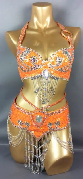 Hot Selling Women Beaded Sequins Belly Dancing Suite Belt+Bra Samba Costumes Club USA Bra Size 34B,36B,38B,40B,34D,36D,38D,40D