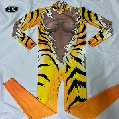 fashion jumpsuit women long sleeve sexy stage Outfit Tiger print Queen Nightclub DS Halloween Costumes Singers pole dance wear
