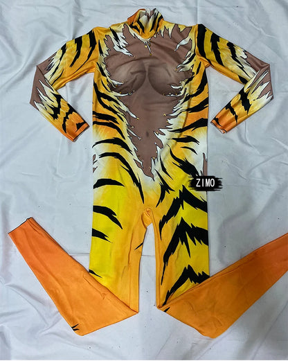 fashion jumpsuit women long sleeve sexy stage Outfit Tiger print Queen Nightclub DS Halloween Costumes Singers pole dance wear