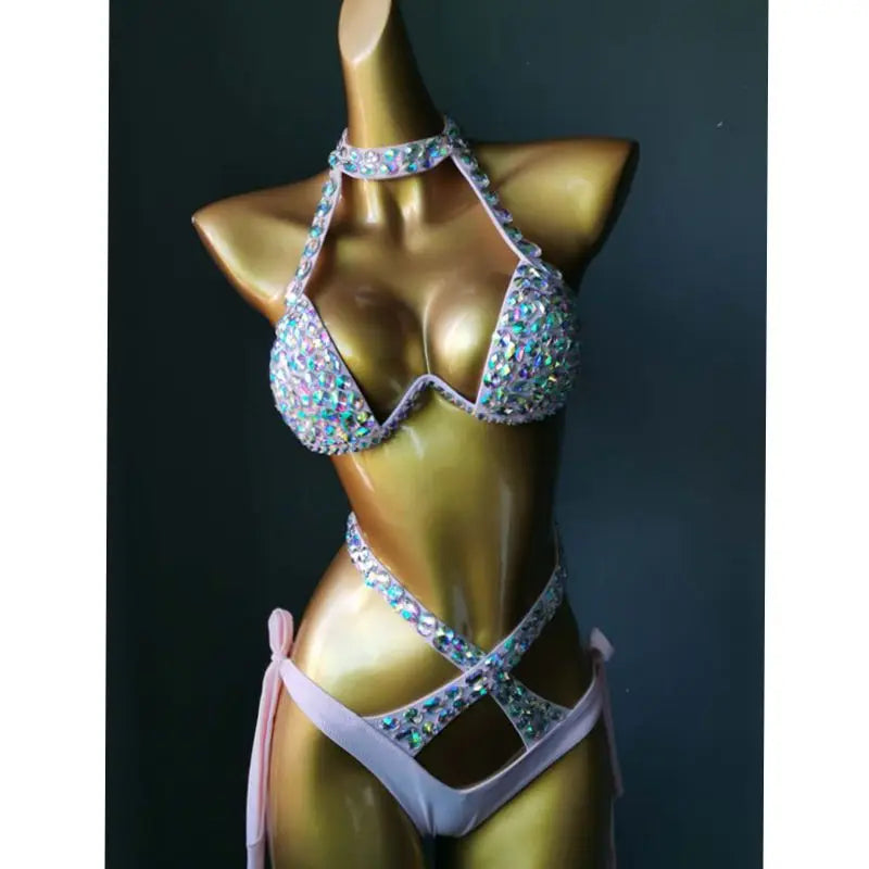 Nightclub Bar DJ Pole Dancing Crystal Bikini Costume Women Models Catwalk Club Party Rhinestones Bra Shorts 2-Pieces Set