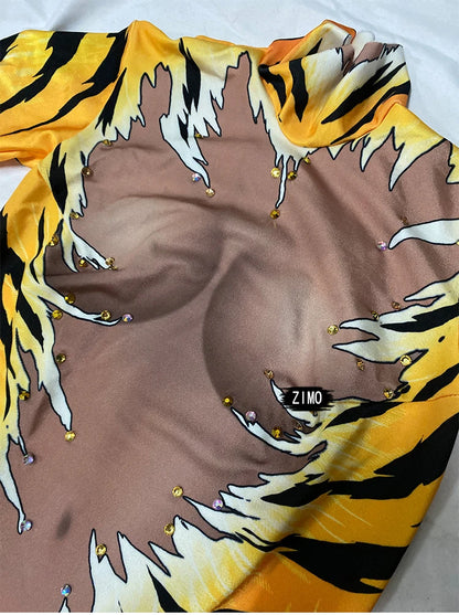 fashion jumpsuit women long sleeve sexy stage Outfit Tiger print Queen Nightclub DS Halloween Costumes Singers pole dance wear