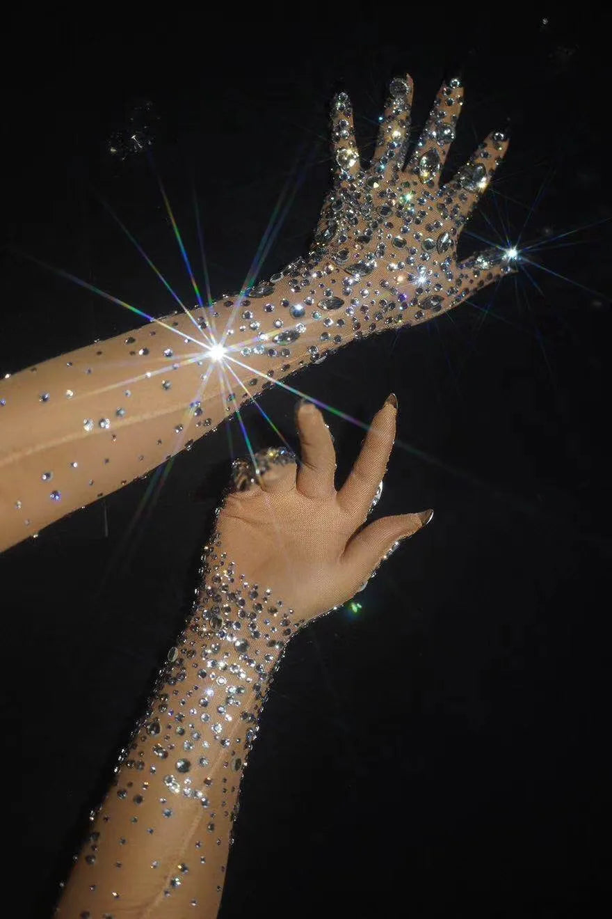 Sexy Stretch Rhinestone Gloves Women Sparkling Crystal Mesh Perspective Long Gloves Nightclub Dancer Singer Stage Accessories
