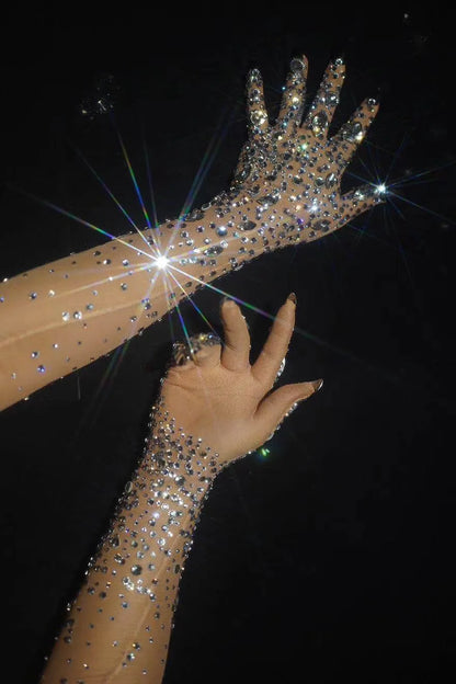 Sexy Stretch Rhinestone Gloves Women Sparkling Crystal Mesh Perspective Long Gloves Nightclub Dancer Singer Stage Accessories