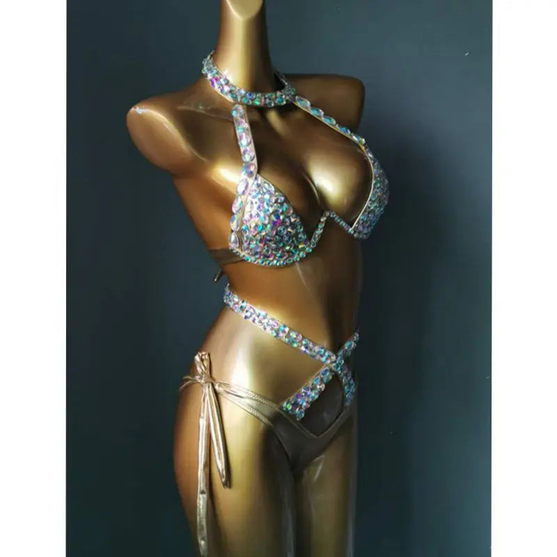 Nightclub Bar DJ Pole Dancing Crystal Bikini Costume Women Models Catwalk Club Party Rhinestones Bra Shorts 2-Pieces Set