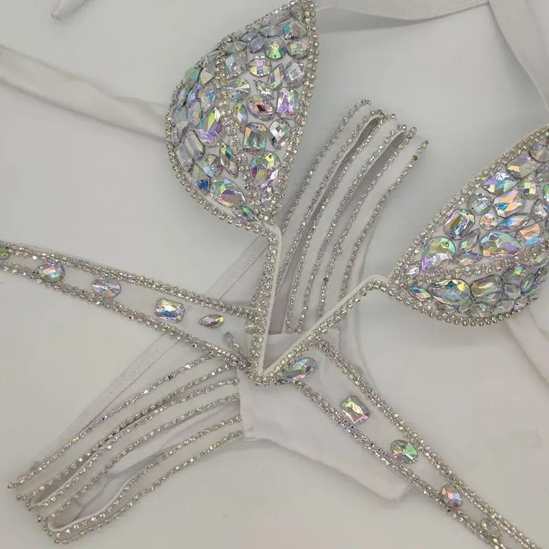Nightclub Bar Sexy Rhinestones Bikini Set Pole Dance Costume Women Club Party DJ DS Dancer Performance Rave Outfit Diamond Bra