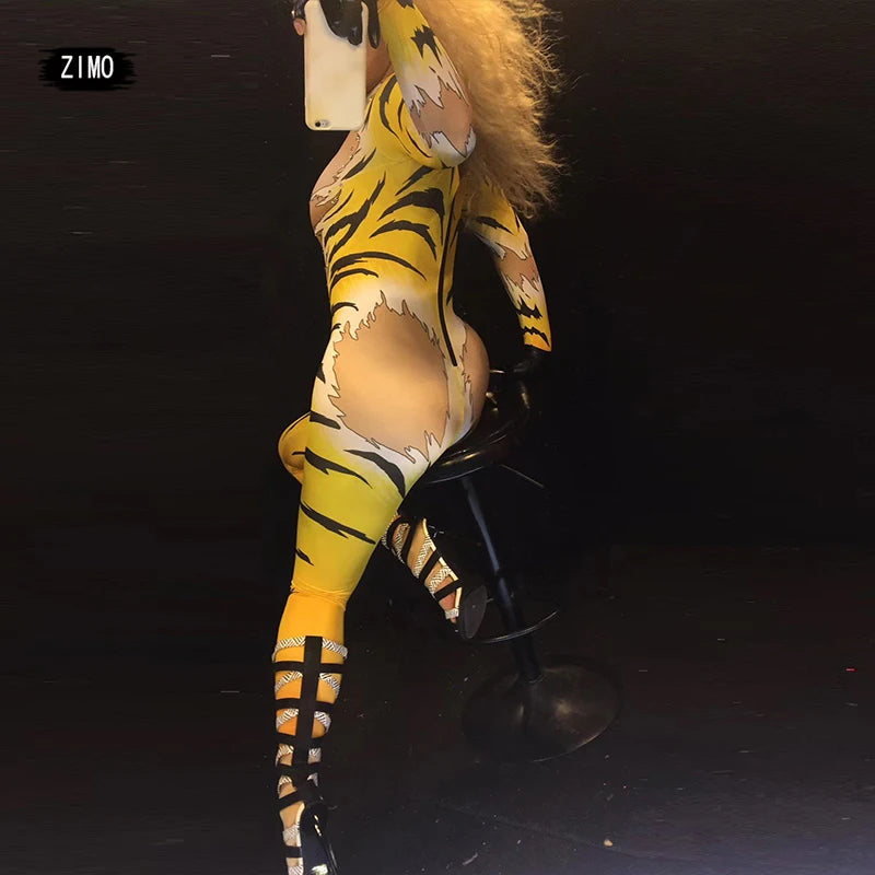 fashion jumpsuit women long sleeve sexy stage Outfit Tiger print Queen Nightclub DS Halloween Costumes Singers pole dance wear