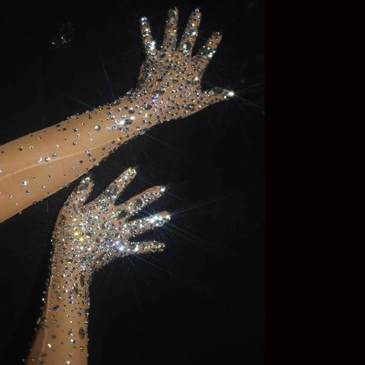 Sexy Stretch Rhinestone Gloves Women Sparkling Crystal Mesh Perspective Long Gloves Nightclub Dancer Singer Stage Accessories