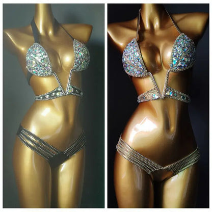 Nightclub Bar Sexy Rhinestones Bikini Set Pole Dance Costume Women Club Party DJ DS Dancer Performance Rave Outfit Diamond Bra