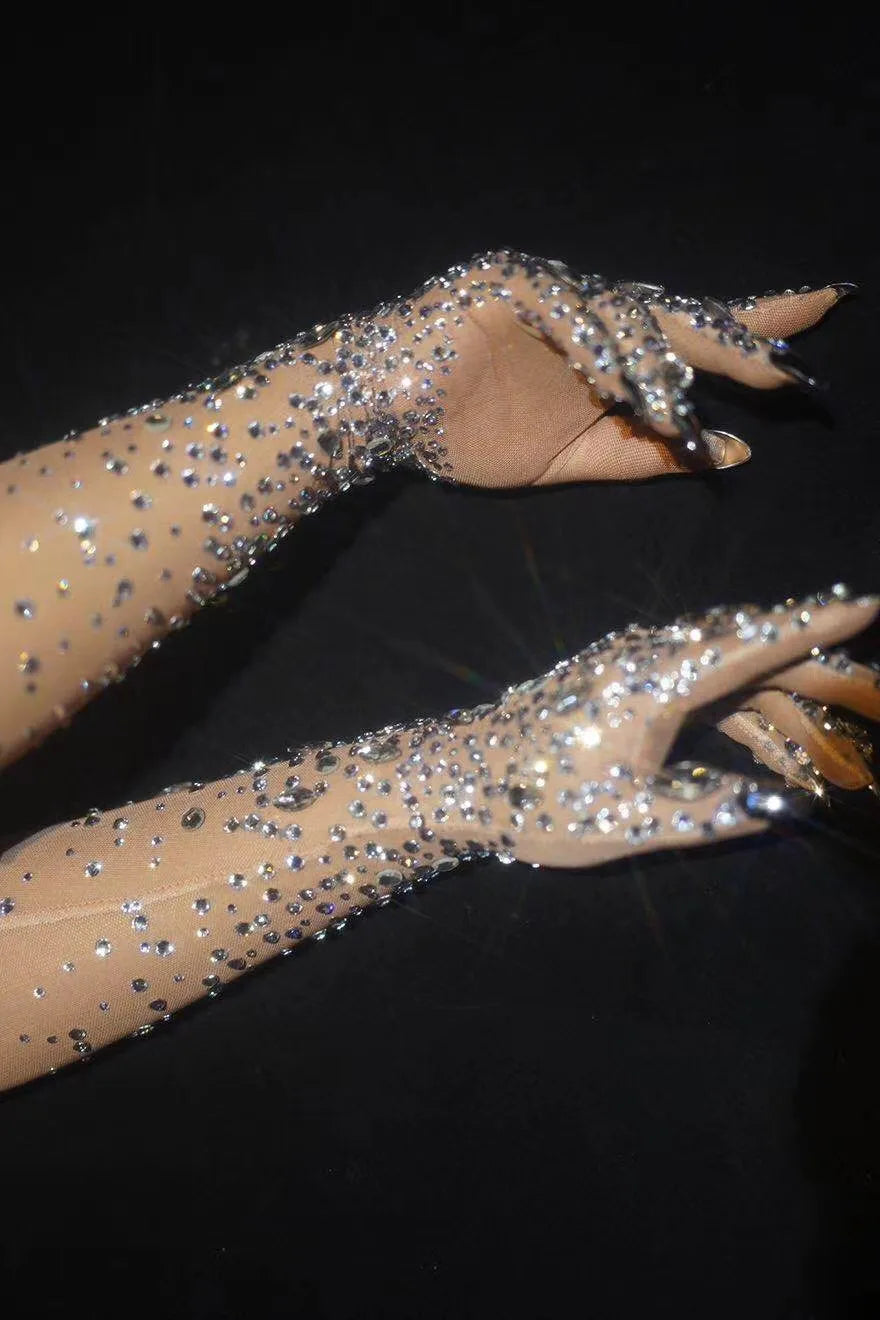 Sexy Stretch Rhinestone Gloves Women Sparkling Crystal Mesh Perspective Long Gloves Nightclub Dancer Singer Stage Accessories