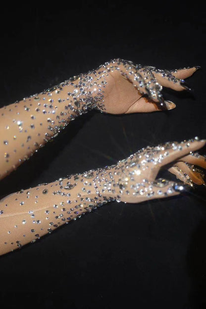 Sexy Stretch Rhinestone Gloves Women Sparkling Crystal Mesh Perspective Long Gloves Nightclub Dancer Singer Stage Accessories