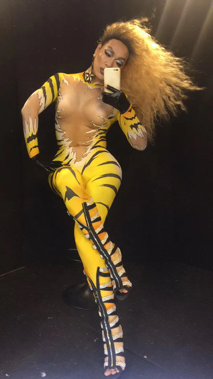 fashion jumpsuit women long sleeve sexy stage Outfit Tiger print Queen Nightclub DS Halloween Costumes Singers pole dance wear