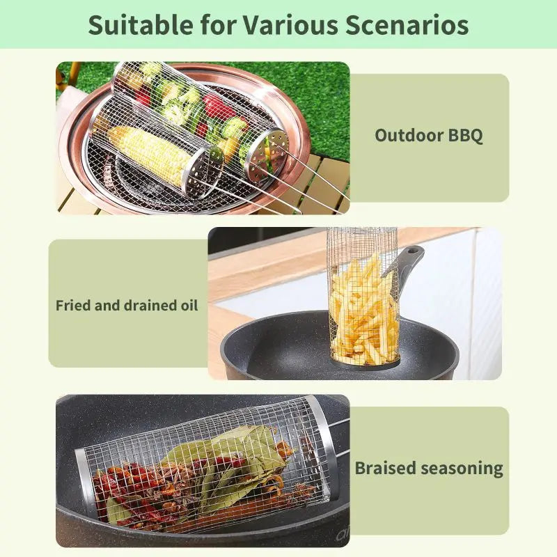 Rolling BBQ Grilling Basket Portable Bbq Vegetable Grill Basket Outdoor BBQ Accessories Round Barbecue Rack French Fries Fish