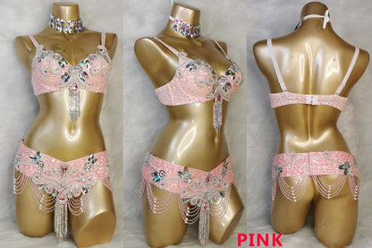 Crystal Belly Dance Costume Samba show bikini Wear Bar+Belt 2pc Set Ladies Bellydancing Costumes Carnival women gogo costumes