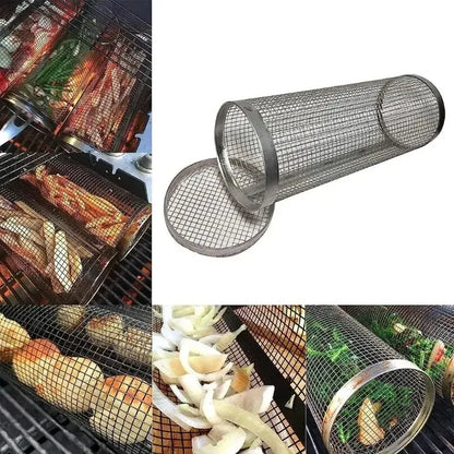 2PCS 304 Stainless Steel Rotating Grill Basket Cylinder - BBQ Rotisserie Cage for Outdoor Cooking,Food-Grade Portable Grill Mesh