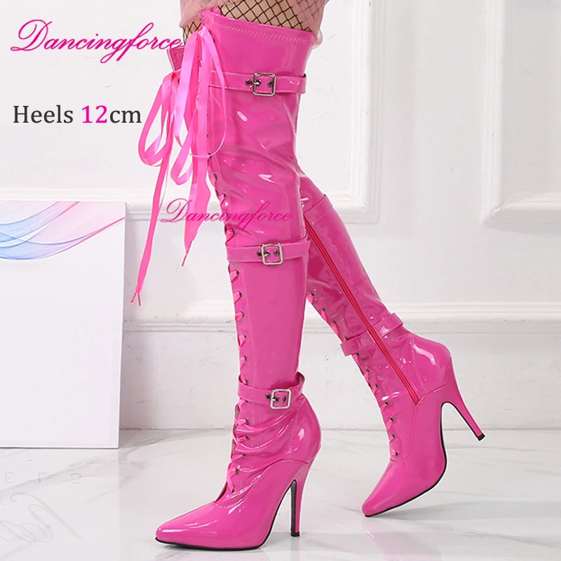 Dancingforce Sexy Long Boots Women Pink Over The Knee High Heels Luxury Design Dance Shoes Stiletto Thigh High Boots