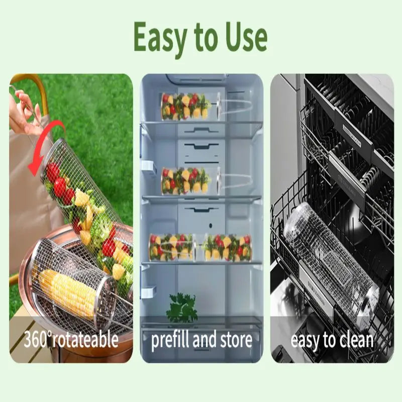 Rolling BBQ Grilling Basket Portable Bbq Vegetable Grill Basket Outdoor BBQ Accessories Round Barbecue Rack French Fries Fish