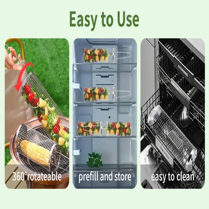 Rolling BBQ Grilling Basket Portable Bbq Vegetable Grill Basket Outdoor BBQ Accessories Round Barbecue Rack French Fries Fish