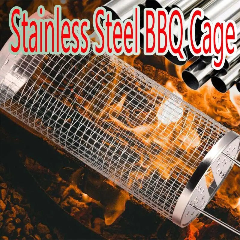 Rolling BBQ Grilling Basket Portable Bbq Vegetable Grill Basket Outdoor BBQ Accessories Round Barbecue Rack French Fries Fish