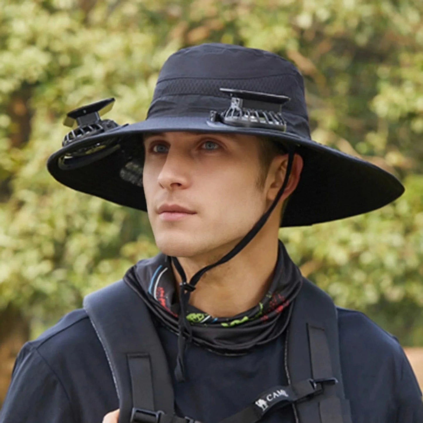 Mens Wide Brim Solar Fan Hat Outdoor 50+Upf Protection Sun Hats With 2 Solar Fan Hiking Fishing Solar Powered Visor Cap Dropping