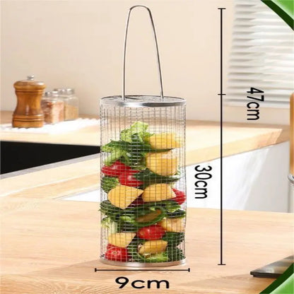 Rolling BBQ Grilling Basket Portable Bbq Vegetable Grill Basket Outdoor BBQ Accessories Round Barbecue Rack French Fries Fish