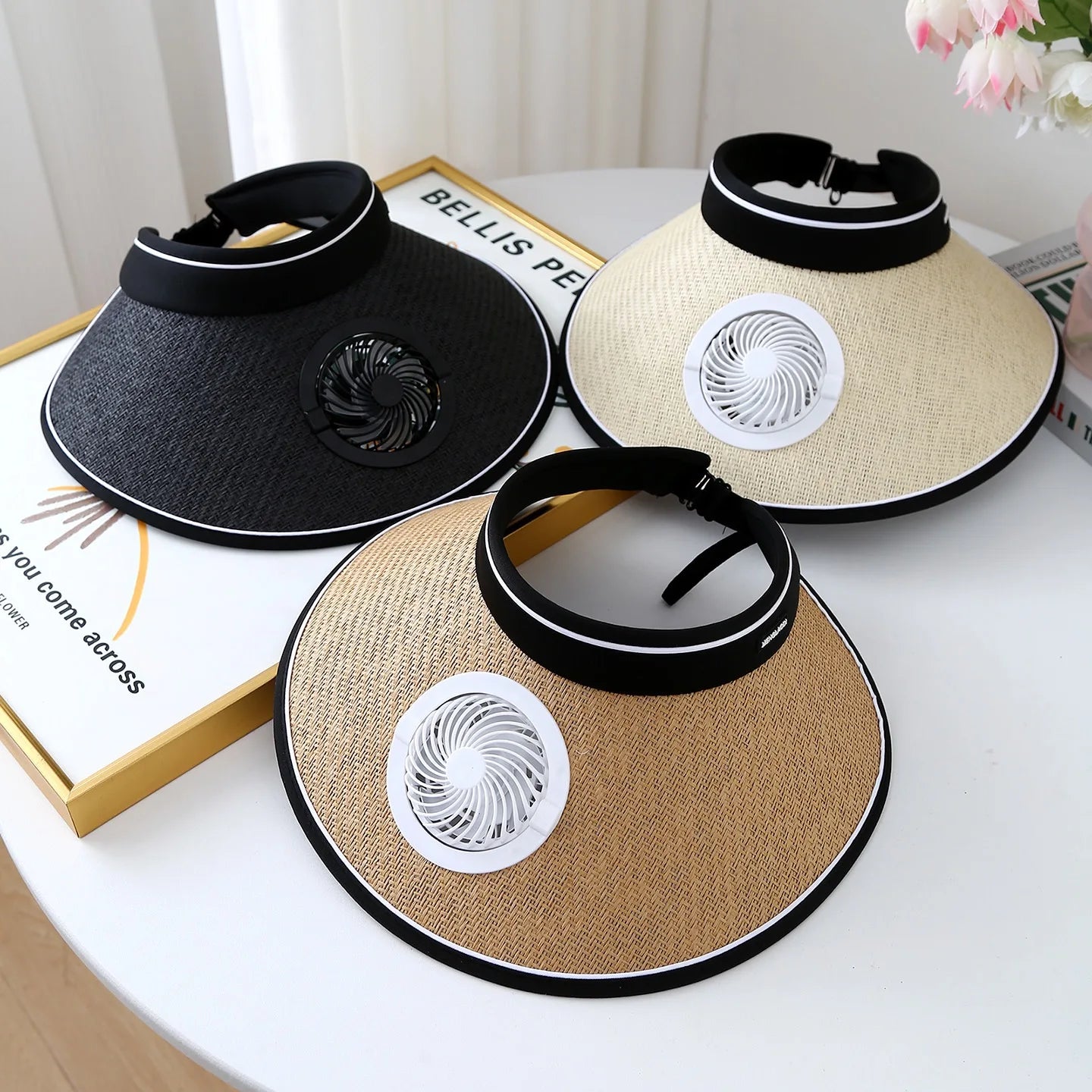 Wide Brim Sun Hat With Built-in Fan Summer Cap Outdoor Straw Visor Hat With Solar/USB Powered Fan For Camping Fishing Hiking