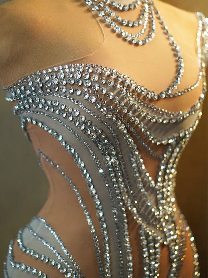 Sexy See Through Mesh Women Party Dress Birthday Sparkly Rhinestones Dinner Evening Dress Photo Shoot Sing Performance Costume