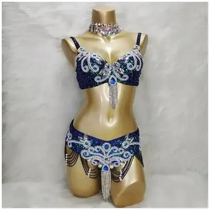 Crystal Belly Dance Costume Samba show bikini Wear Bar+Belt 2pc Set Ladies Bellydancing Costumes Carnival women gogo costumes
