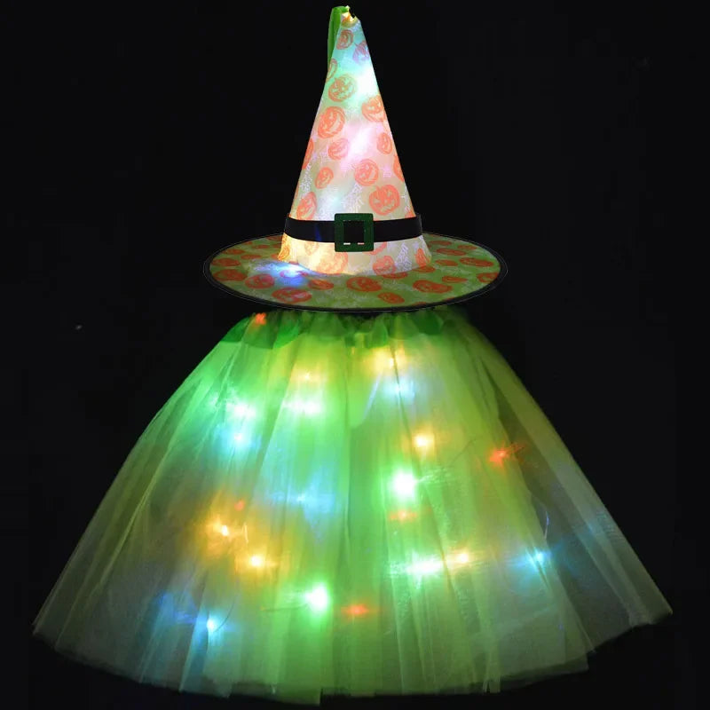 Women Kids Girl Luminous LED Glow Light Up Elf Witch Hat Star Skirt Spider Web Tutu Wizard Costume Party Gift Halloween Festival