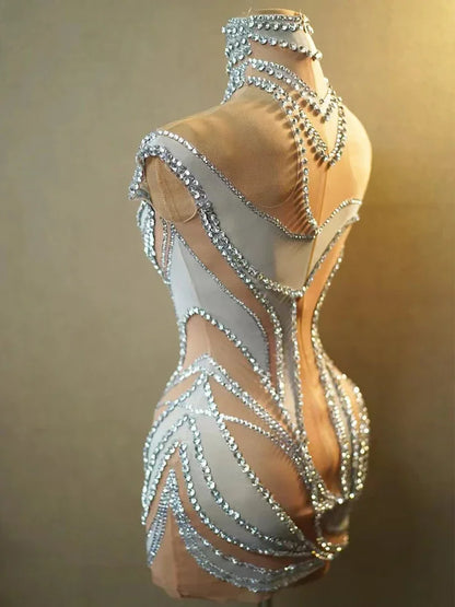 Sexy See Through Mesh Women Party Dress Birthday Sparkly Rhinestones Dinner Evening Dress Photo Shoot Sing Performance Costume
