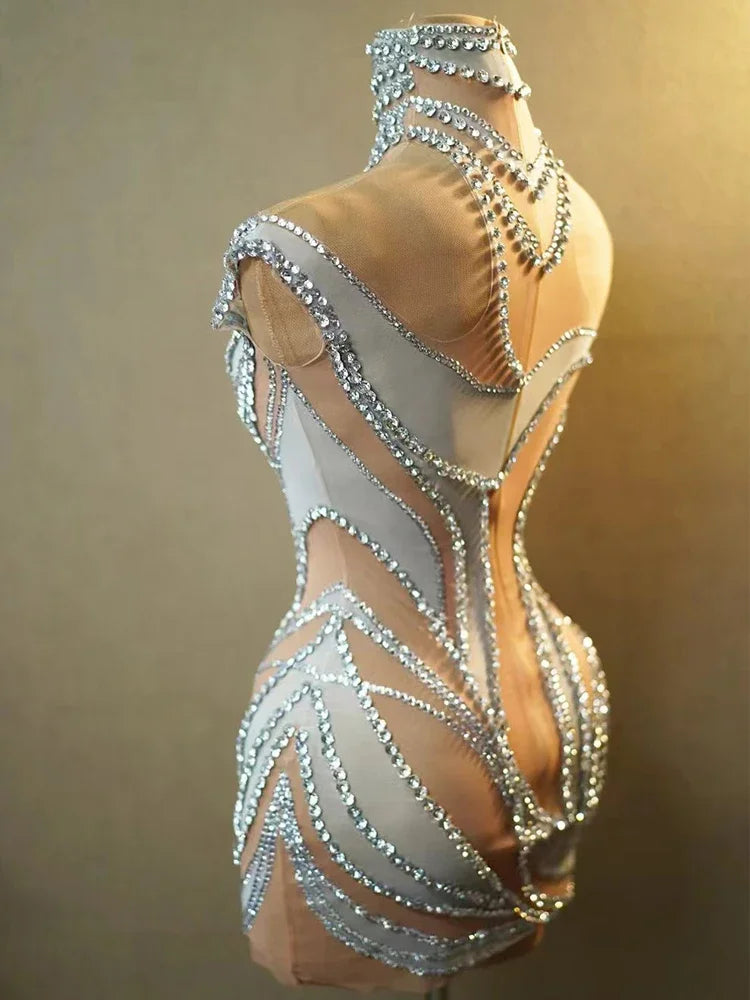 Sexy See Through Mesh Women Party Dress Birthday Sparkly Rhinestones Dinner Evening Dress Photo Shoot Sing Performance Costume