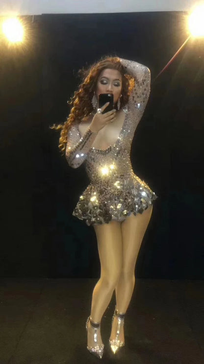 Women's Sexy Stage Rhinestones Mirrors Bodysuit Birthday Celebrate Party Outfit Singer Dancer Show Leotard Performance Costume