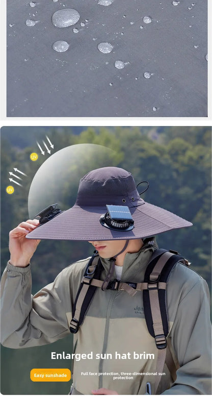 Summer New Dual Solar Fan Hat For Men Outdoor Fishing Sun Protection Visor Hat Large Brim Quick Drying Waterproof Bucket Hat