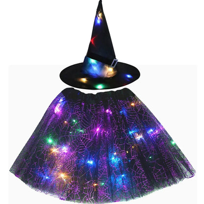 Women Kids Girl Luminous LED Glow Light Up Elf Witch Hat Star Skirt Spider Web Tutu Wizard Costume Party Gift Halloween Festival