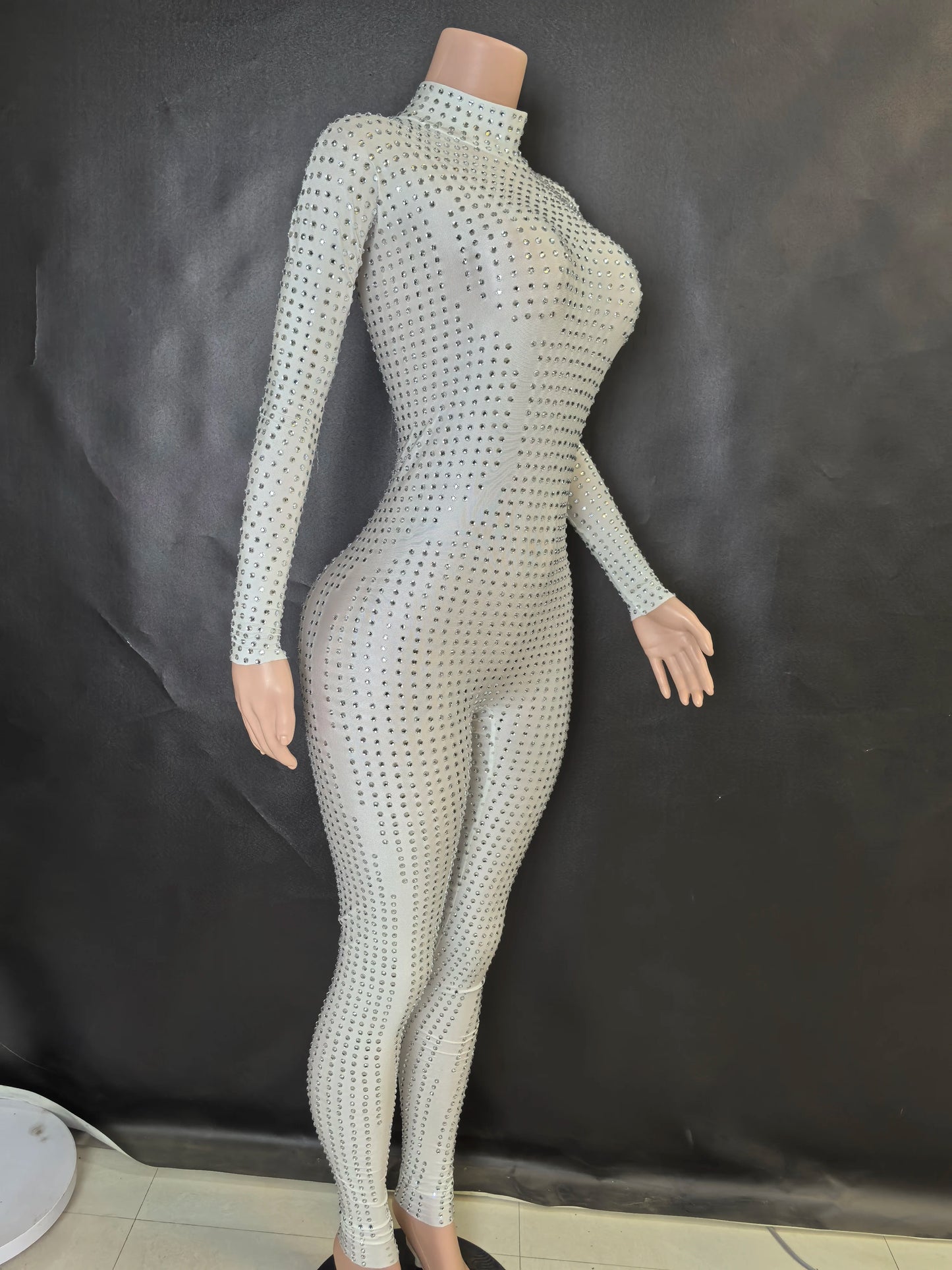 Sparkly Long Sleeve Crystal Rompers Pole DanceBodycon Bodysuits Stage Performance WearWomen Party One Piece Jumpsuits  7G
