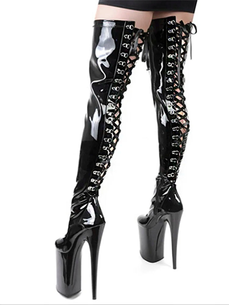 Sexy Over The Knee Boots Fetish Shoes 20cm Lace Up Platfor Patent Leather Stripper Heels Pole Dance 8inch Exotic Dancer New