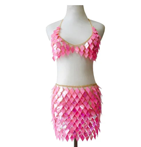 Sequins Skirt Set Women Festival Party Rave Outfit Backless Sexy Body Chain Nightclub Gogo Dancer Costume Summer Beach Wear Jazz