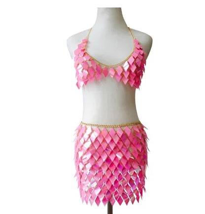 Sequins Skirt Set Women Festival Party Rave Outfit Backless Sexy Body Chain Nightclub Gogo Dancer Costume Summer Beach Wear Jazz
