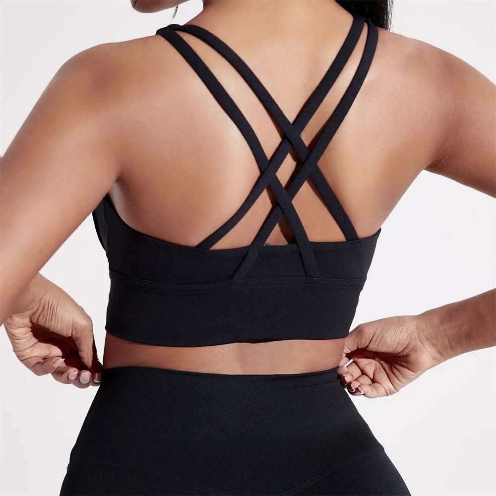 Solid Color Women Cross back Fitness sport Bra high strength Tight Top Comprehensive Training Gym Yoga Underwear With Chest Pad